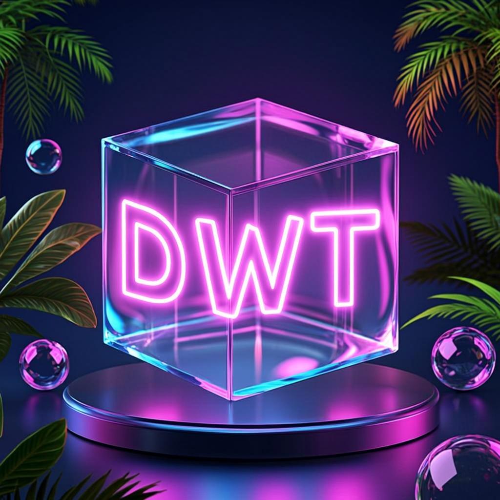 3D glass cube with DWT logo glowing in neon purple and cyan